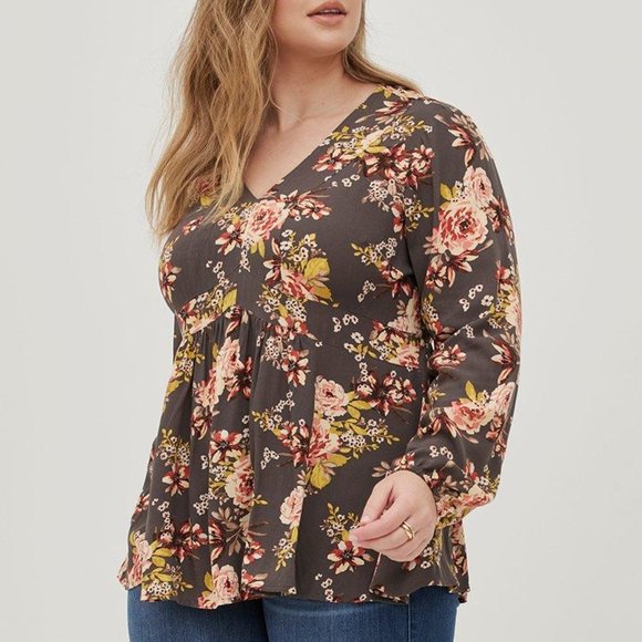torrid Tops - Torrid Babydoll Rayon Crepe Top 1X Gray Floral NWT